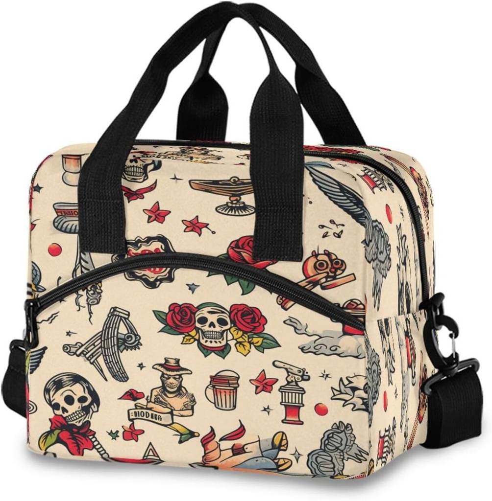 Oldschool Tattoo Lunch Bag Reusable Insulated Lunch Box Leakproof Cooler Tote Bag with djustable Shoulder Strap for Travel, Picnic, Office, Work