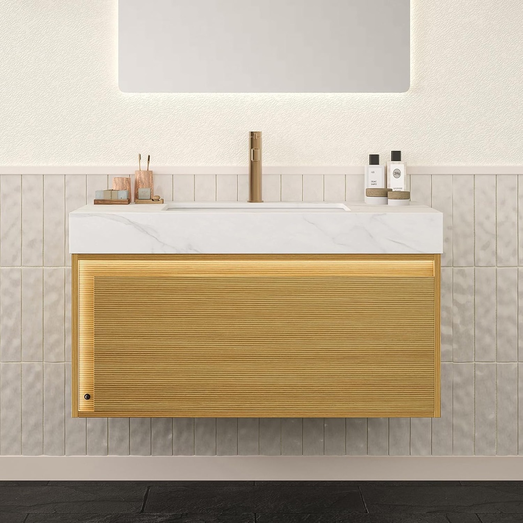 Eleshine 36 inch Floating Bathroom Vanity Top with Sink, Wall Mounted Bathroom Storage Cabinet with Soft Close Drawer and Sensor LED Light, Carrara White Stone Countertop, Light Oak Woodgrain