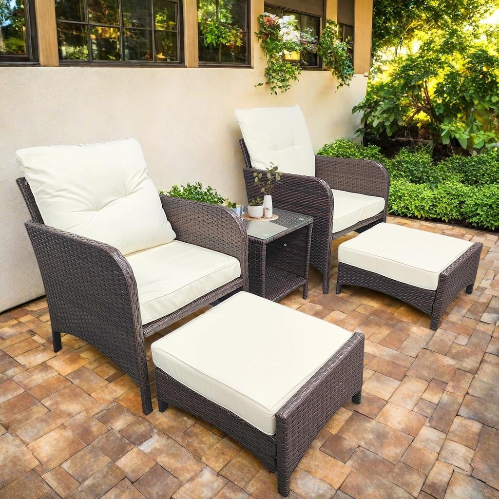 5-Piece All-Weather PE Rattan Outdoor Conversation Set with Cushions, 2 Ottomans & Tempered Glass Table - Patio Furniture for Backyard, Garden, Porch & Balcony (White)