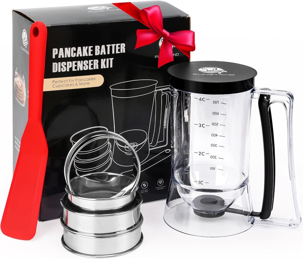 FUNGYAND Pancake Batter Dispenser, 4-Cup Set with Muffin Rings & Spatula - Ideal for Pancakes, Cupcakes, Waffles, and Muffins, Easy Squeeze Handle