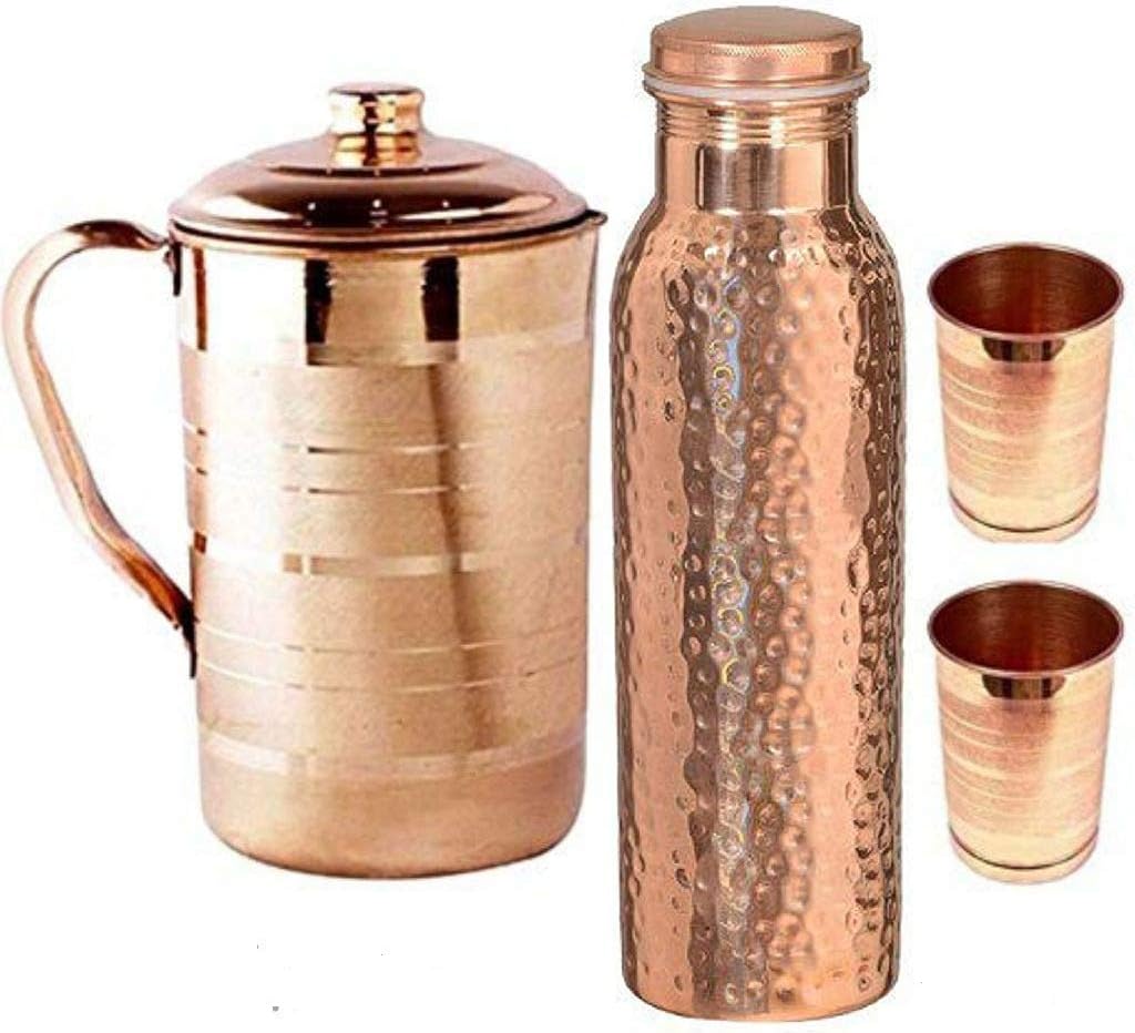 Combo pack Pure Copper Jug with Copper Hammered bottle and 4 Copper Glasses set For Health benefits