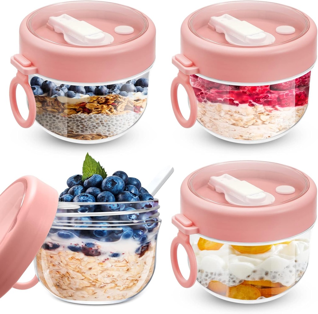 4 Pcs Overnight Oats Container with Lids and Spoons, 20 oz Plastic Overnight Oats Jars Large Capacity Airtight Yogurt Container for Milk, Fruit, Cereal and Salad Storage (Pink)