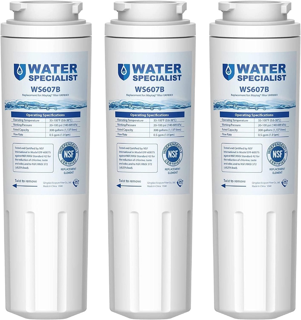 Waterspecialist UKF8001 Water Filter, Replacement for EveryDrop Filter 4, Whirlpool EDR4RXD1, 4396395, Wrx735sdbm00, Mfi2570fez Msd2651heb, Krfc300ess01, Pack of 3