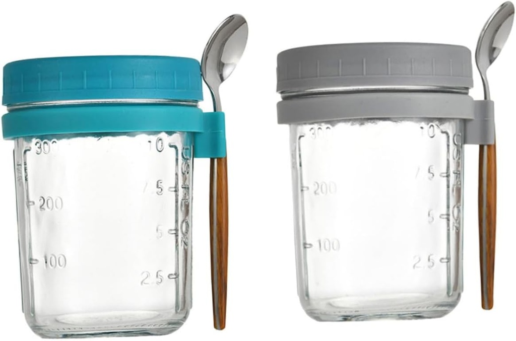 STOBAZA 2sets Mason Jar Glass Oatmeal Cup Wide Mouth Overnight Oats Container for Breakfast Portable Yogurt Cup Lids and Spoons