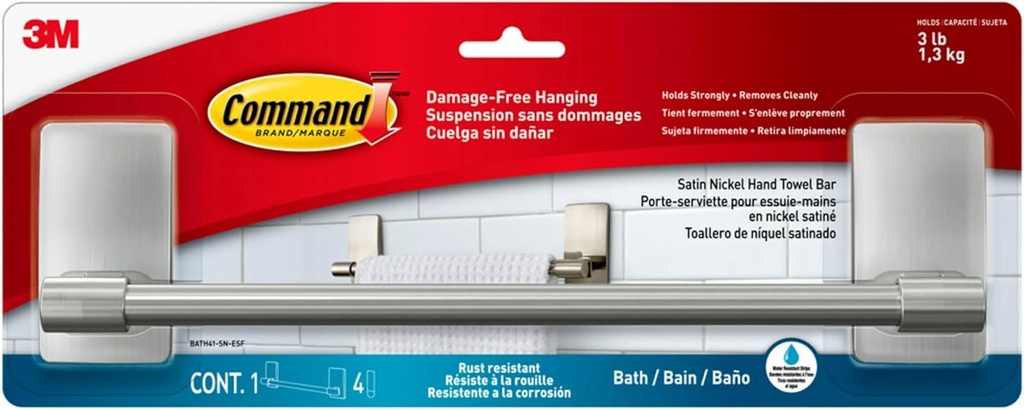 Command Hand Towel Bar Satin Nickel with 4 Water Resistant Command Strips, 9" Hand Towel Holder, Holds up to 3 lb, Great for Bathroom Décor on the Wall, Inside the Cabinet, or in the Shower