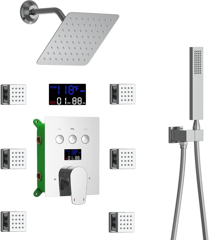 Bathroom Rainfall Shower System Wall Mount 8 Inch Shower Head With Handled Spray 6 Pcs jets Temperature Display Shower Faucet Set (Chrome)