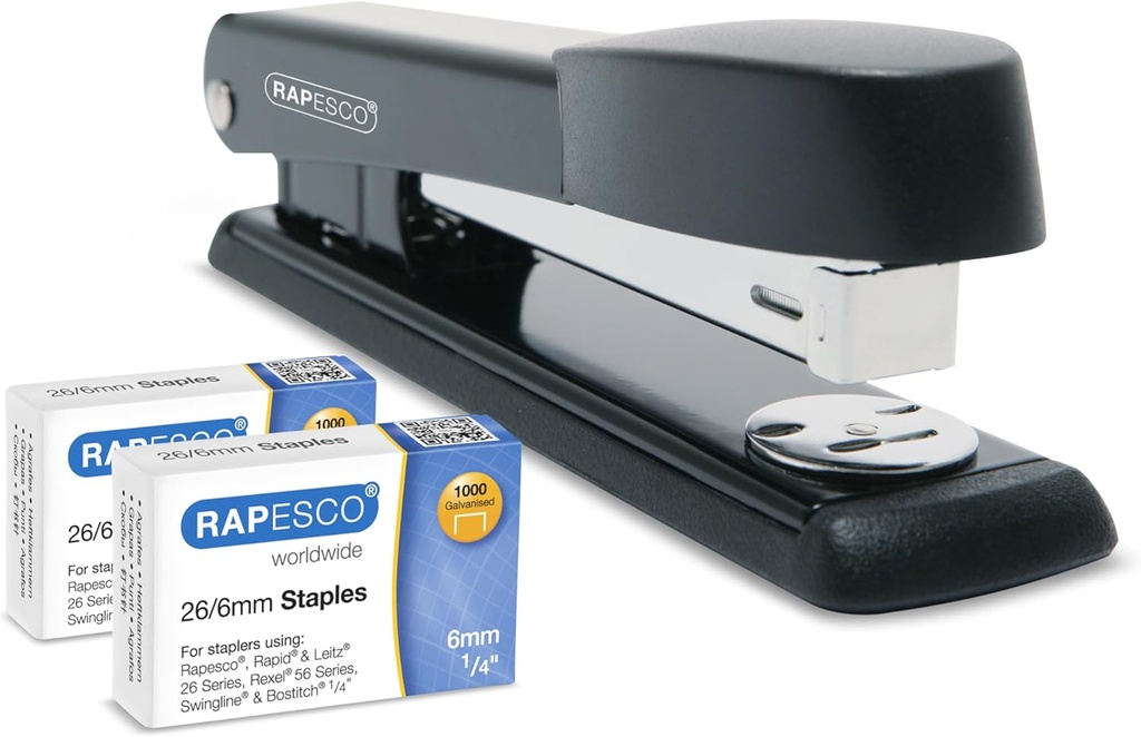 Rapesco 1602 Marlin Stapler with 2000 Staples Type 26/6mm (1/4"), 25 Sheet Capacity, Non-Slip Base, Metal Office Stapler, Uses Type 26 and Type 24 High Capacity Staples