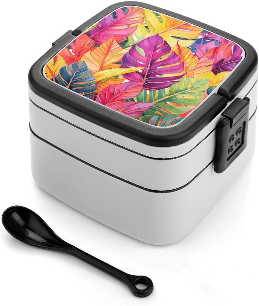 Tropical Leaves Pattern Bento Box Adult Lunch Box All-in-One Lunch Containers with Removable Compartments Double Layer Bento Lunch Box with Spoon And Handle Stackable Lunchbox