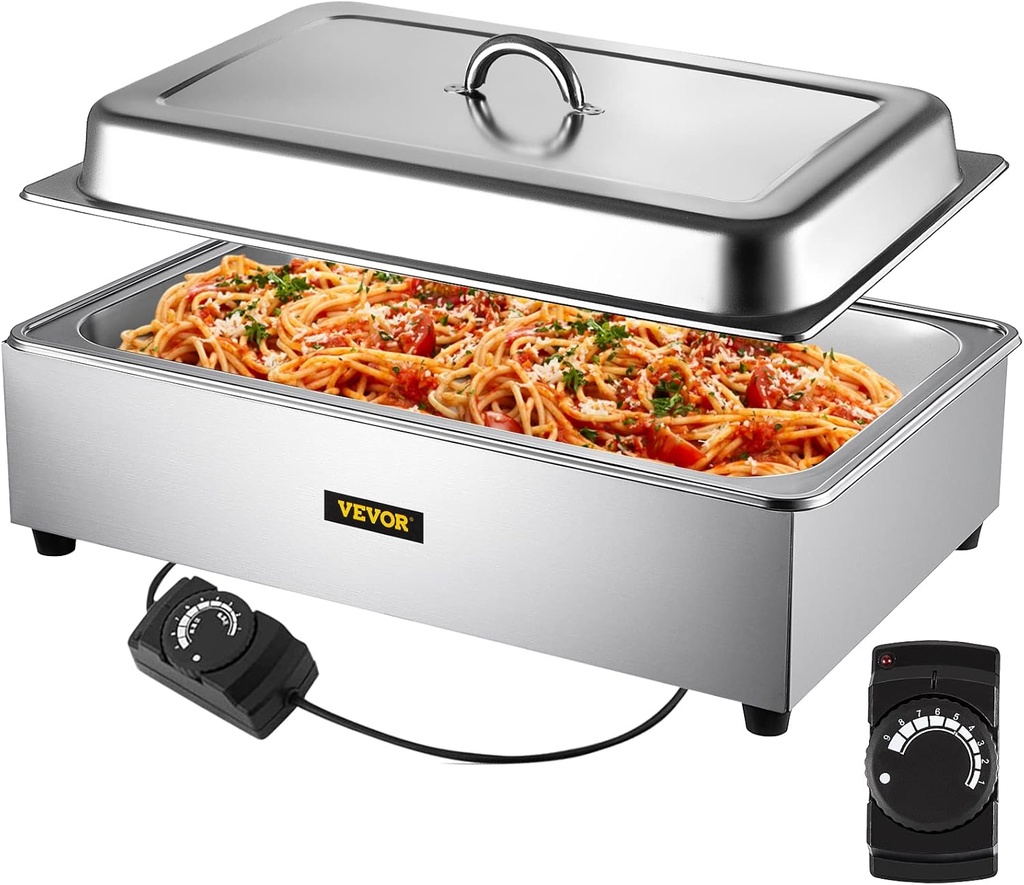 VEVOR Commercial Food Warmer, Full-Size 1 Pot Steam Table with Lid, 9.5 Quart Electric food Warmers, Grade Stainless Steel Bain Marie Buffet Equipment, Fits 21 x 13.2 Pan, 400W, for Restaurant, Sliver