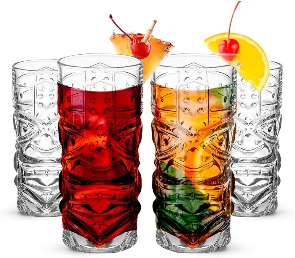 Clear Tiki Glasses, Set of 4 - 450 ML - Perfect for Exotic Cocktails, Lemonade, Ice Tea, Mixed Drinks- Exotic Zombie, Rum, Mai Tai, Pina Colada, Punch, Hurricane, Bar Drinkware