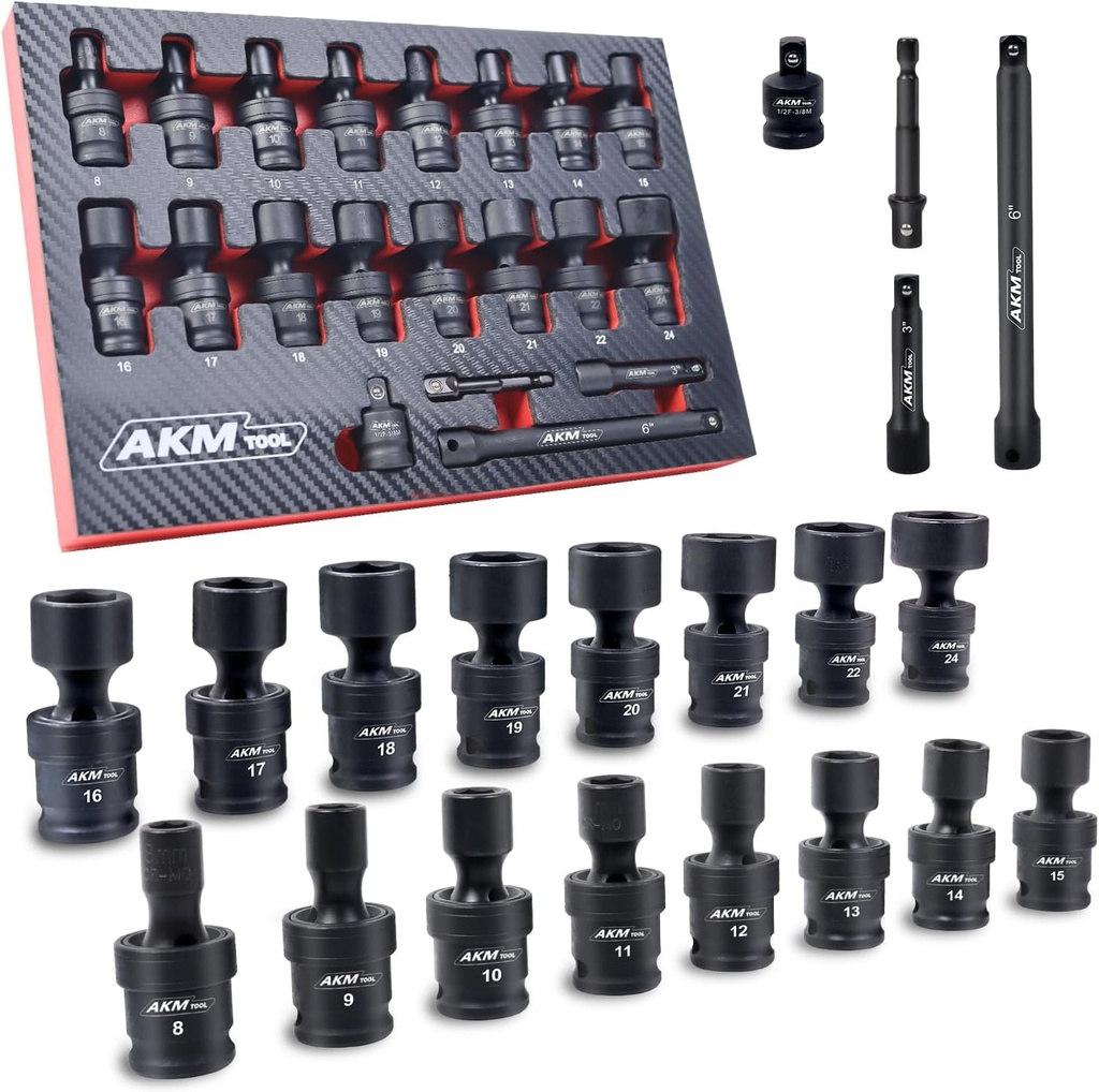 3/8" Drive Universal Impact Socket Set, 20 Piece Swivel Socket Set, Universal Joint Socket 6-Point, Metric, 8-22mm, Cr-Mo,with Extension Bars, Socket Adapter, Drill Bit Adapter