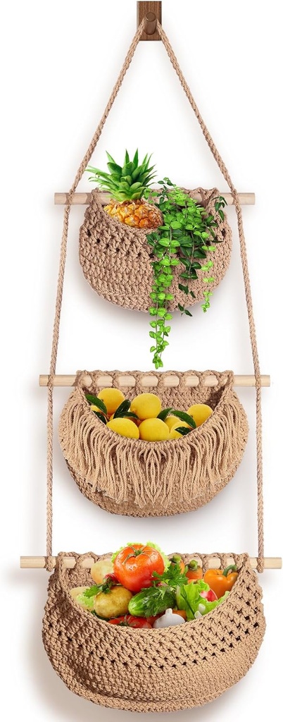 3 Tier Hanging Fruit Basket, Jute Wall Baskets, Hanging Produce Baskets for Storage Fruits and Vegetables, Hanging Basket Wall for Kitchen, Bedroom, Bathroom (Brown)