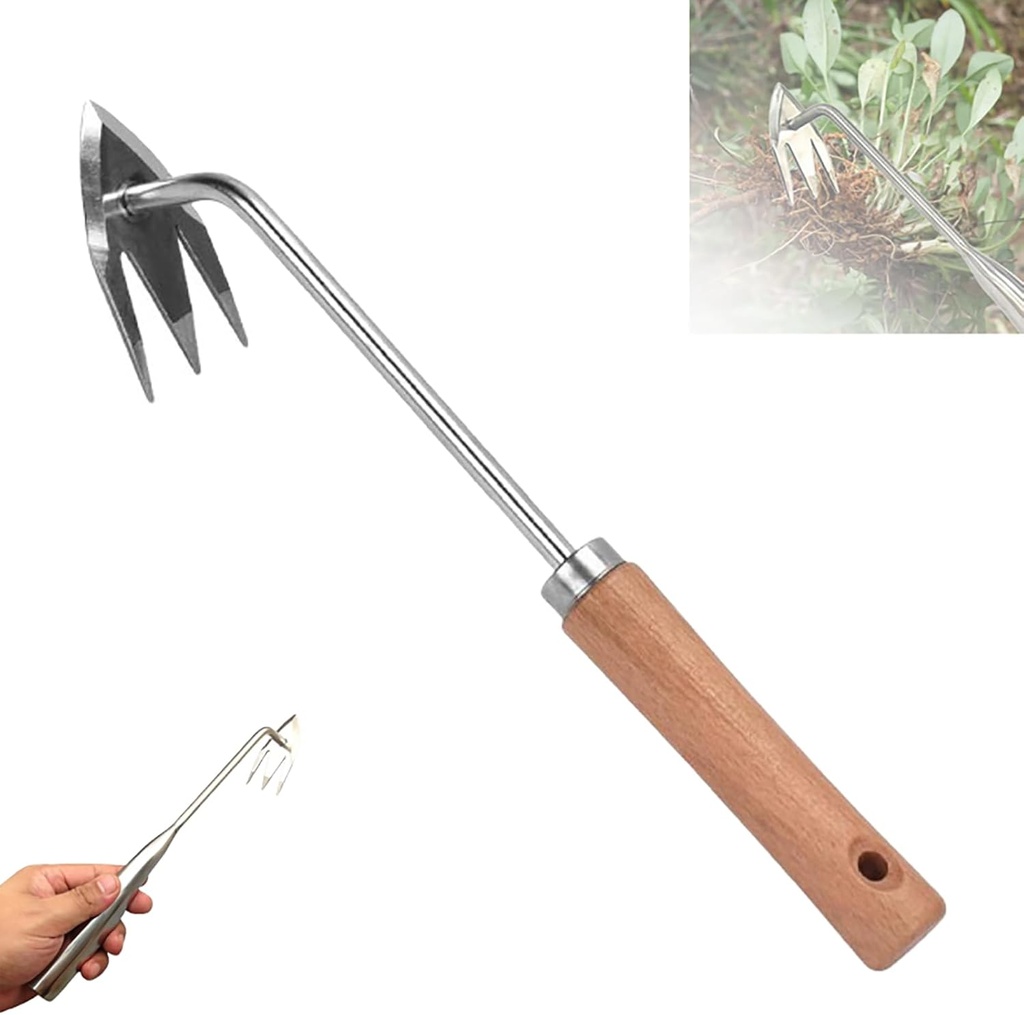HISKI Stainless Steel Multifunctional Weeder, 2025 Manual Weed Remover Tool for Lawn and Garden Weeding Artifact Uprooting Weeding Tool Manganese Steel Garden Hand Weeder Tool (12.4" Wood)