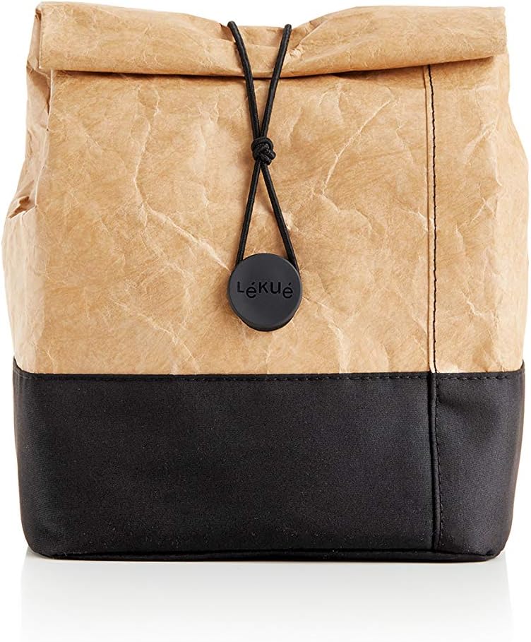 Lékué Kraft To-Go Lunch Bag | Brown | 1 Gallon | Large Rolltop Reusable Meal Carrier with Room for Bottle & More | Kraft-Paper Style, Waterproof & Stain-Resistant, Insulated Lining