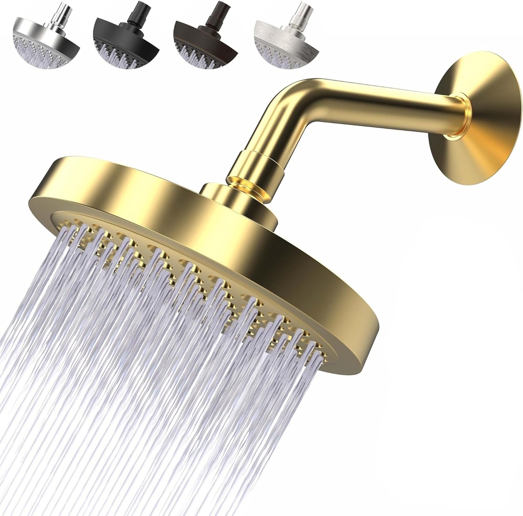 High Pressure Shower Head - Anti-Clogging Silicone Nozzles - 2.5 GPM Removable Restrictor - Easy to Clean Adjustable Replacement - easy to install with Plumbers Tape - 6 inch - Elegant Gold Finish