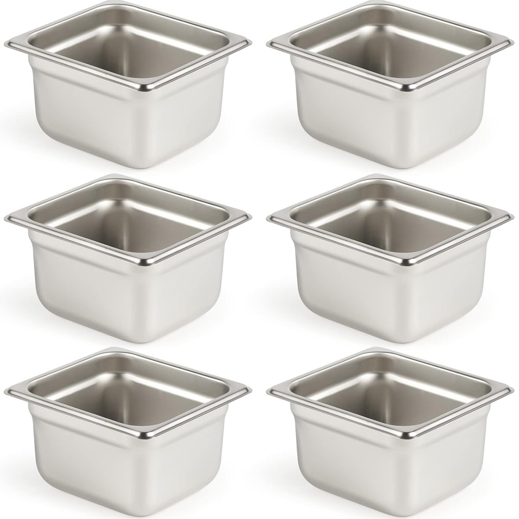 CURTA 6 Pack Anti-Jam Hotel Pans, 1/6 Size 4 Inch Deep, NSF Commercial 18/8 Stainless Steel Chafing Steam Table Pan, Catering Storage Metal Food Pan