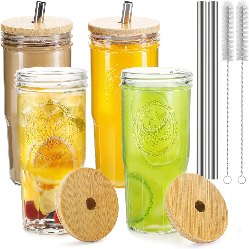 24 oz Glasses Drinking Set with Leakproof Bamboo Lids & Metal Straws, Glass Cups Set Double-Sided Fruit Print, Wide Mouth Kitchen Glasses Tumblers for Iced Coffee, Juice and Smoothie - 4 Pack