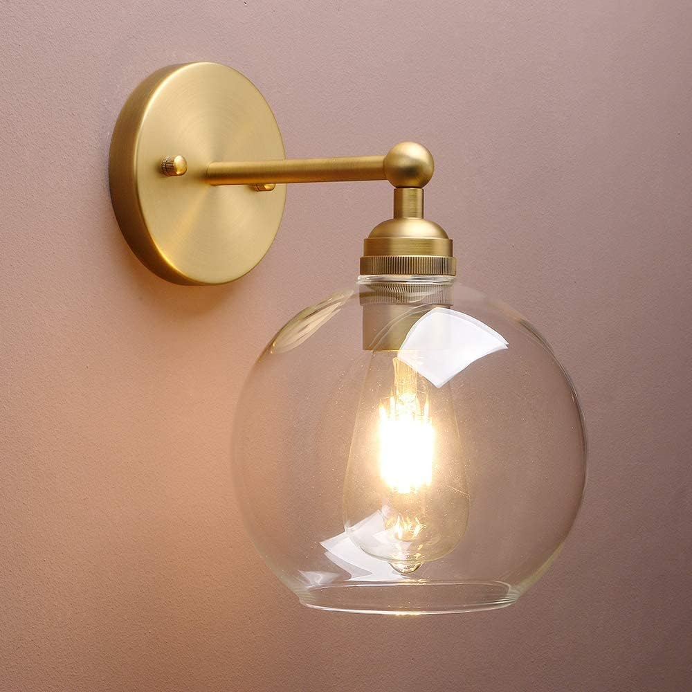Yosoan Brass Boho Vanity Vintage Gold Bathroom Wall Sconce, Indoor Hardwired Wall Mounted Industrial Fixture Lights with Double Hole Round Glass Lamp for Mirror, Living Room, Hallway(Antique)