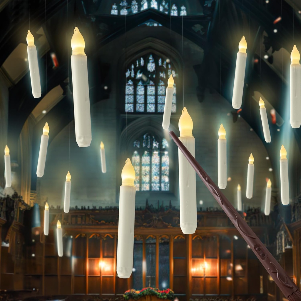 Homemory Hanging Floating Candles with Wand Remote and String, 12 Pcs Flying Flameless LED Taper Candles Warm White Light, Battery Operated Window Candles with Wand for Halloween Christmas Party