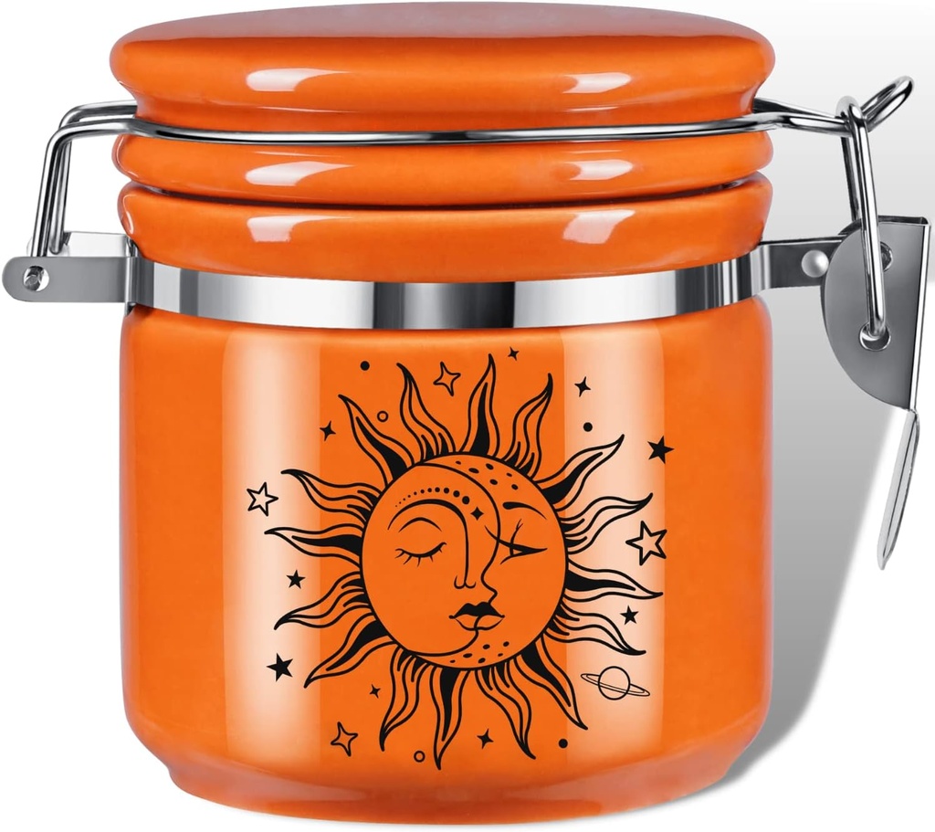 Sun Moon Stash Container Half Oz (250ml), Ceramic Cute Stash Jar Containers w/Clamp Lid, Mystical Celestial Aesthetic Decorative Jar Storage - Double Sealed Airtight Herbs Fresh Jar -Orange