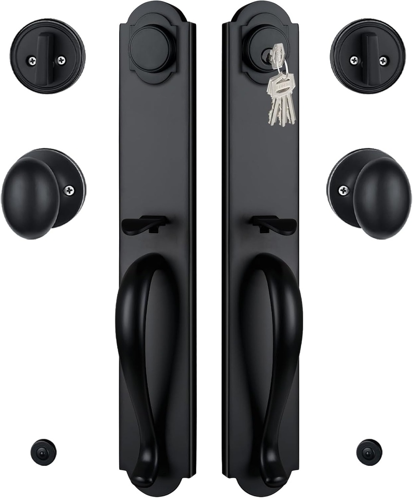 Double Door Handle Set for Front Door, Matte Black Keyed&Dummy Exterior Door Lockset with Deadbolt, Reversible for Right&Left Handed