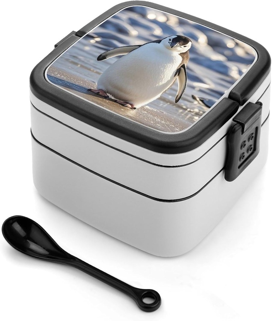 Cute Penguin Bento Box Double-Layer Bento Lunch Container with Spoon And Invisible Handle Adult Leak-Proof Lunchbox for Dining Out Work Picnics Travel