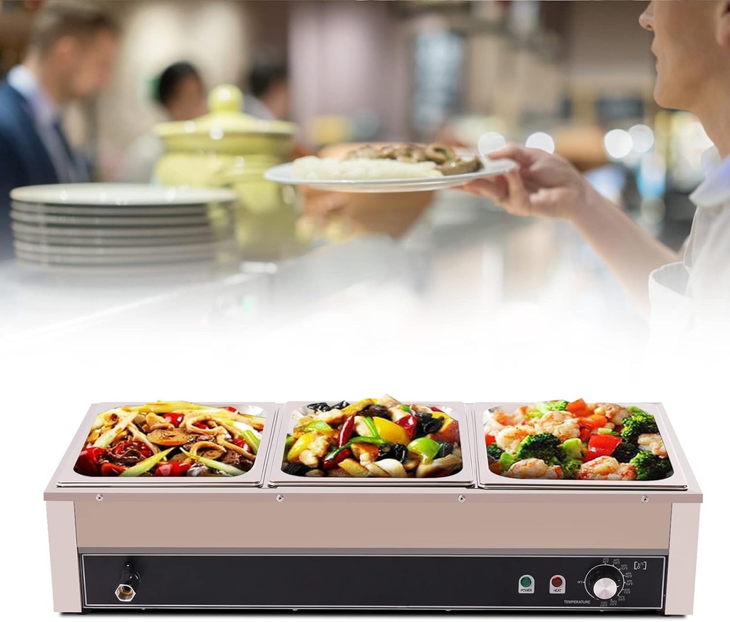110V 1500W Commercial Countertop Steam Table Catering Food Warmer,3-Pan Professional Stainless Steel Electric Steam Warmer for Catering and Restaurants