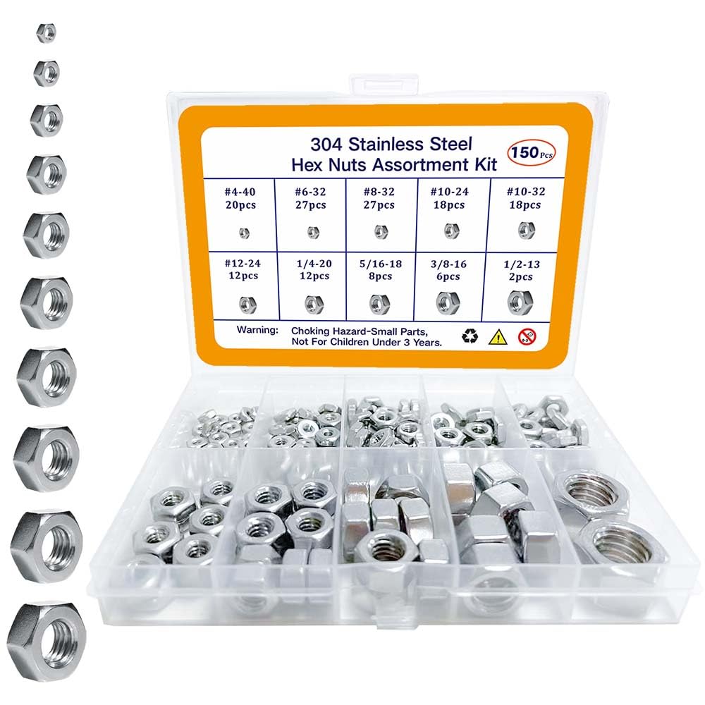 Hex Nuts Assortment Kit 4#40,6#32,8#32,10#24,10#32,12#24, 1/4"-20,5/16"-18,3/8"-16,1/2"-13 Hardware Nuts,Metal Nuts, Steel Nut,Stainless Hex Nuts Set(150 pcs)