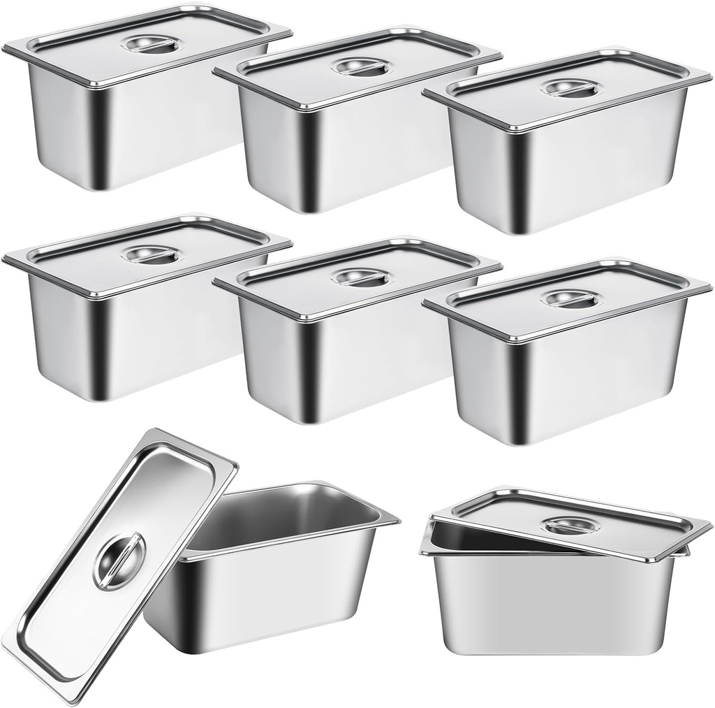 8 Pack Stainless Steel Hotel Pans 1/3 Size x 6" Deep Steam Table Pan with Lids Commercial 22 Gauge Food Storage Containers Catering Metal Steamer Pans Anti Jam Steam Table Pan Restaurant Warm Pot