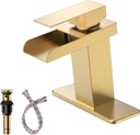 Gold Bathroom Faucet Waterfall Single Hole Sink Brushed Gold Single Handle with Pop Up Drain with Overflow Vanity Lavatory Mixer Tap Modern Deck Mount