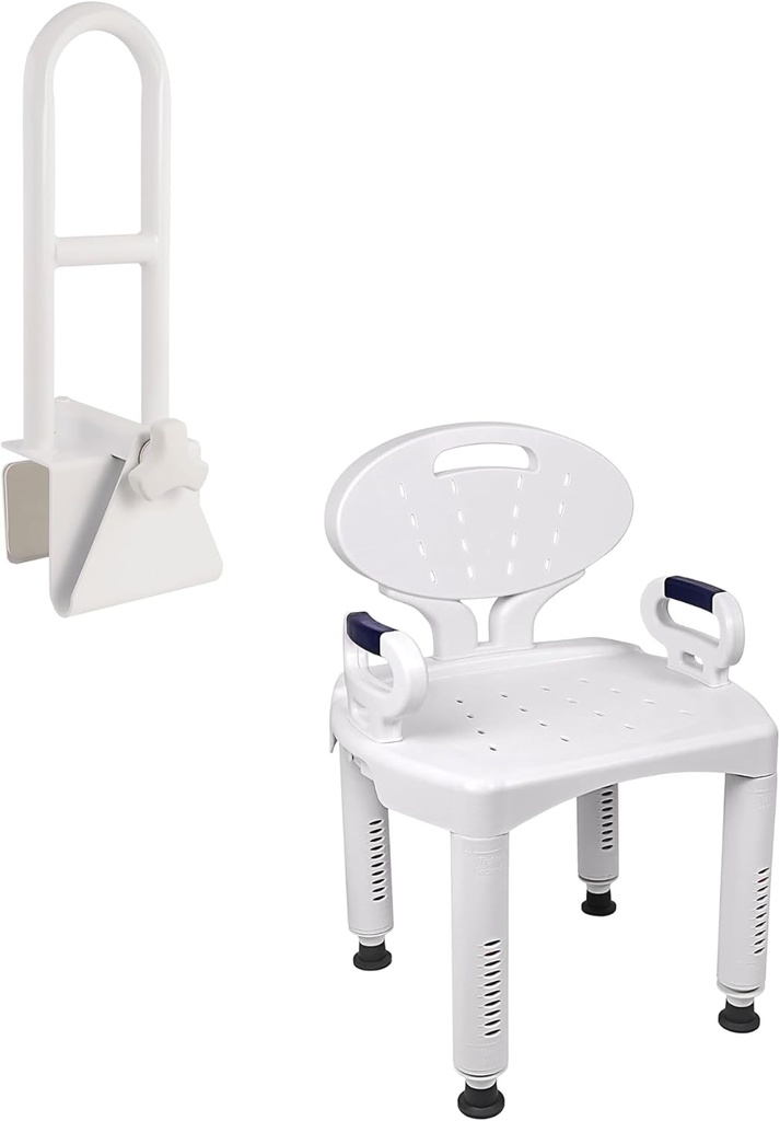 Vaunn Medical Adjustable Bathtub Safety Shower Rail and Tool-Free Adjustable Wide Shower Chair Bundle