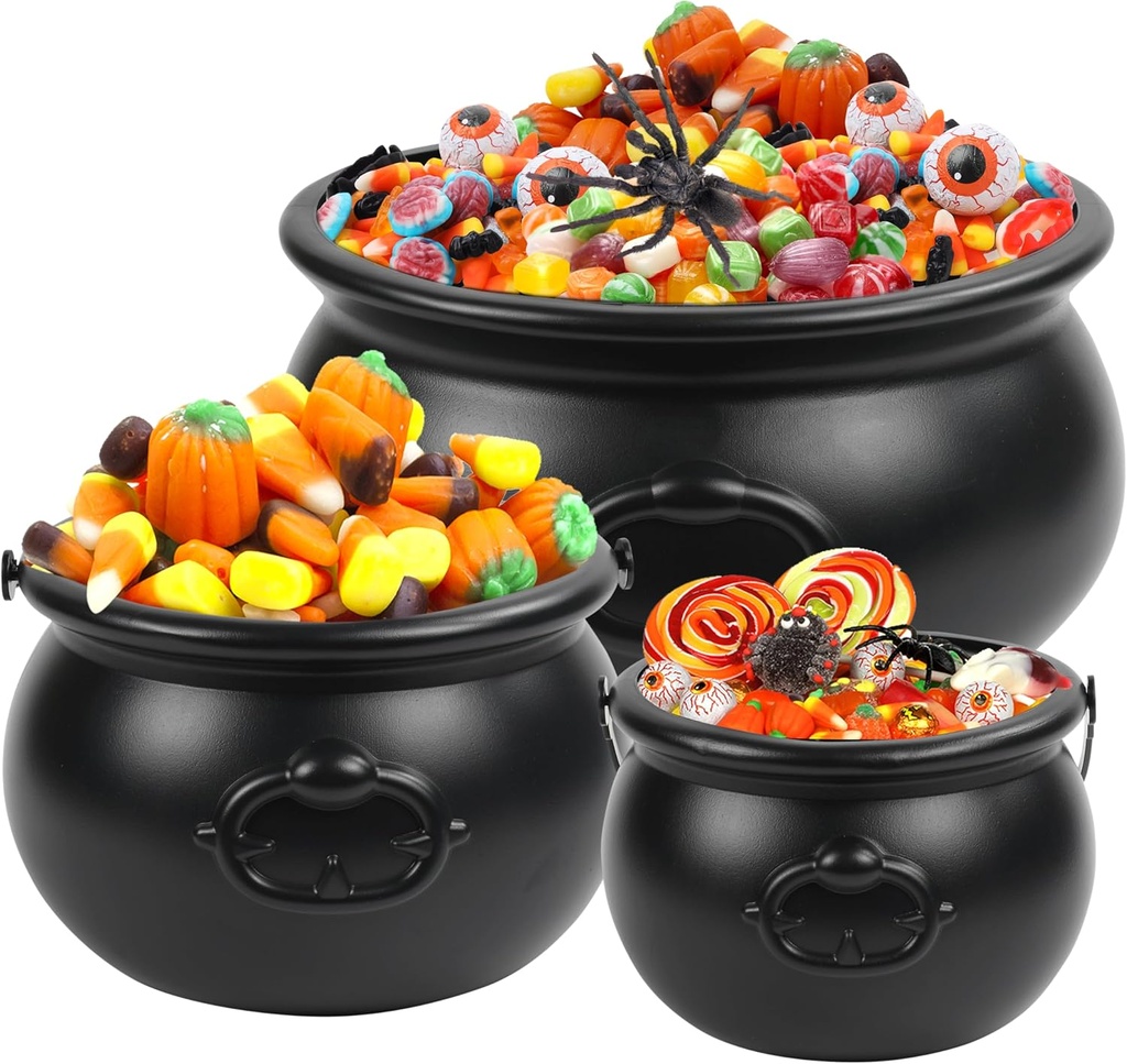 3 in 1(12.8",9.8”, 7.7”) Package Halloween Large Witches Cauldron Kettles, Black Plastic Witch Pots Candy Holder Treats & Punch Bowl for St. Patrick’s Day Halloween Party Supplies Indoor Outdoor Decor