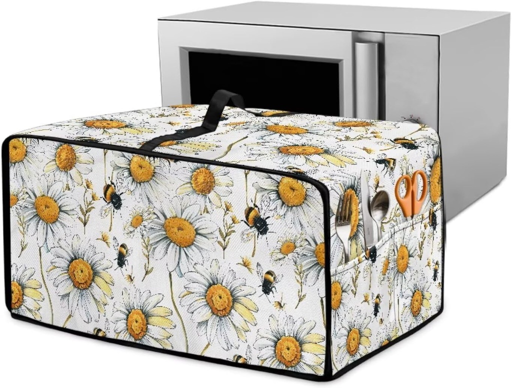 Toaster Oven Dust Cover Dustproof Smart Oven Air Fryer Microwave Cover with Side Pockets, Electric Appliance Protector for Kitchen, M, Daisy Bee White