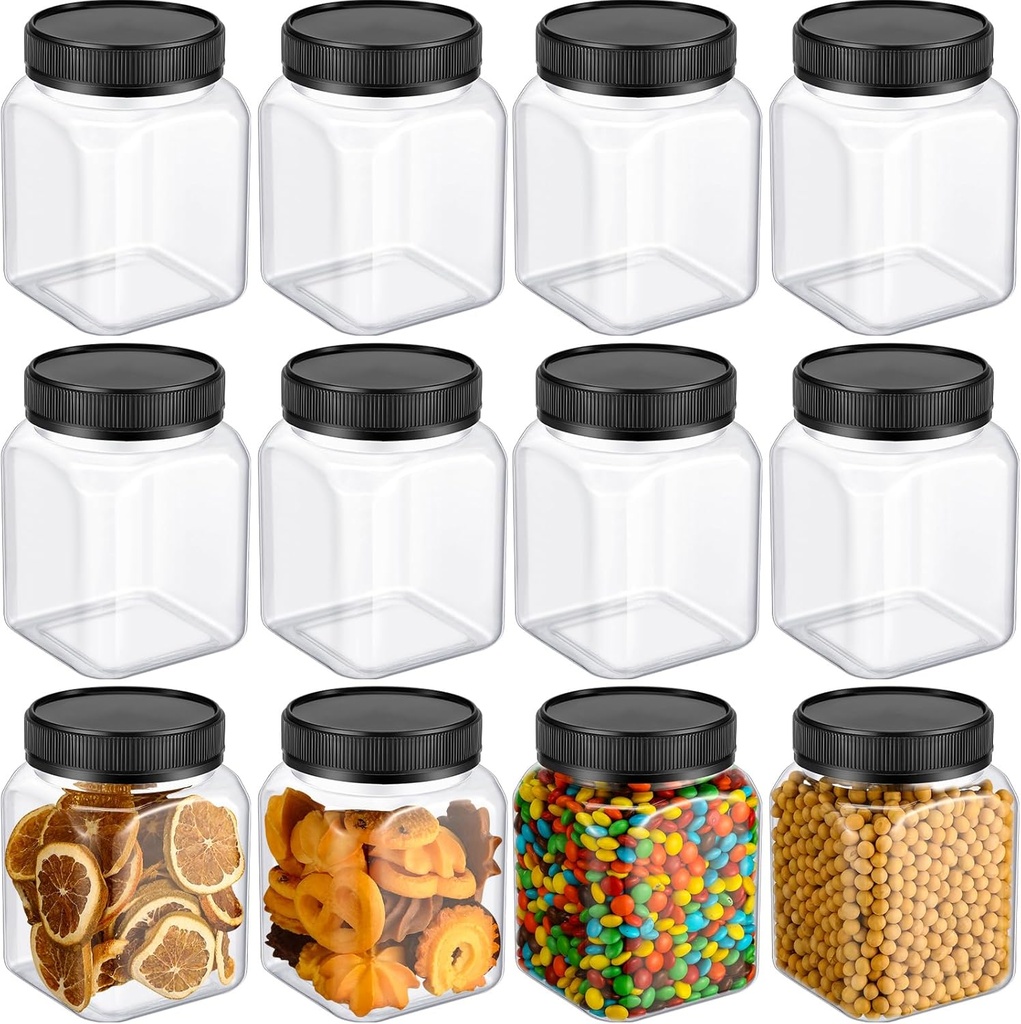 Nosiny 12 Pcs 24 oz Plastic Jars with Lids Airtight Food Containers Large Plastic Jars with Screw on Lids Refillable Kitchen Storage Containers for Dry Food, Coffee, Candy for Kitchen (Black)