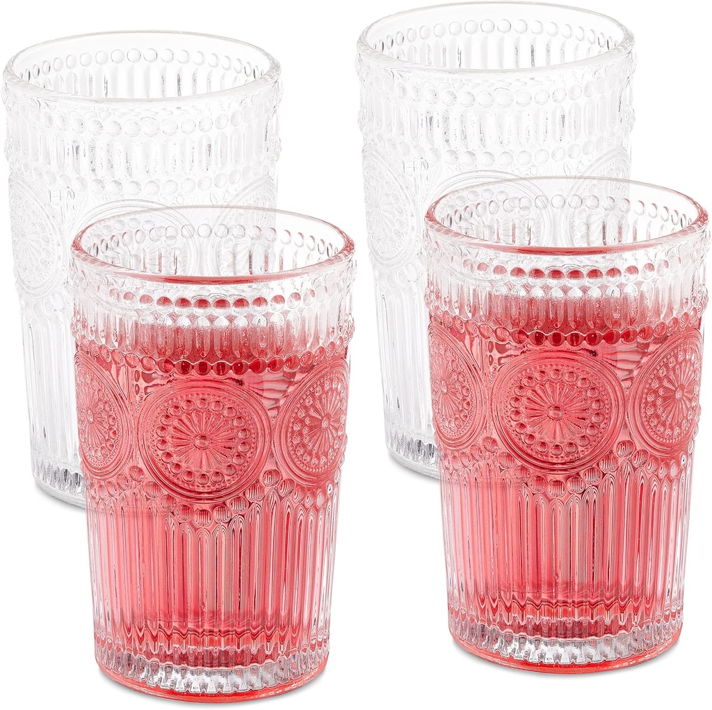 Relaxdays Drinking Glasses, Set of 4, 400 ml, Vintage Glasses Water, Juice, Soda, Dishwasher Safe, Water Glasses, Transparent, 13 x 8 cm