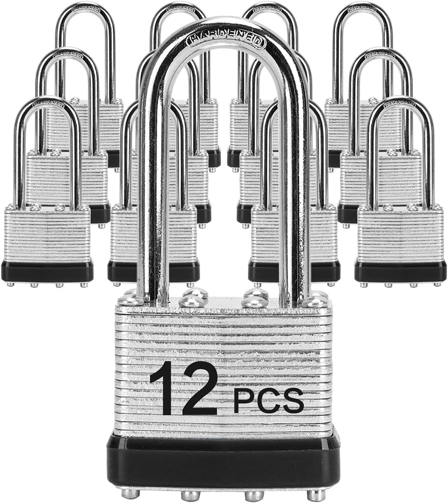 Padlocks with Same Key, LQYN 12 Pcs Laminated Keyed Padlock (1-9/16", 40mm), Keyed Alike Locks, Long Shackle, for Storage Locker, Hasp Latch, Toolbox, Sheds