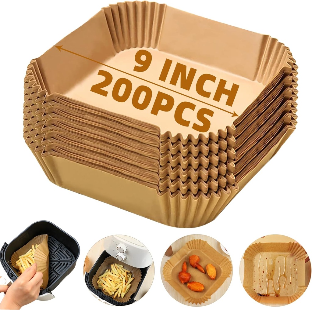 Air Fryer Liners Disposable,200PCS Victoyaw 9 Inch Square Air Fryer Parchment Paper Liners for 5-8QT Air fryer,Non-Stick Waterproof Airfryer Liners