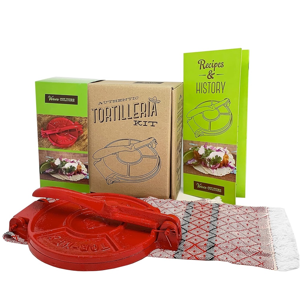 Cast Iron Tortilla Press by Verve CULTURE, Street Taco Press and Quesadilla Maker, Aplastador de Tortillas, Tortilleria Kit with Handmade Servilleta Napkin and Recipe Booklet, 6.5”