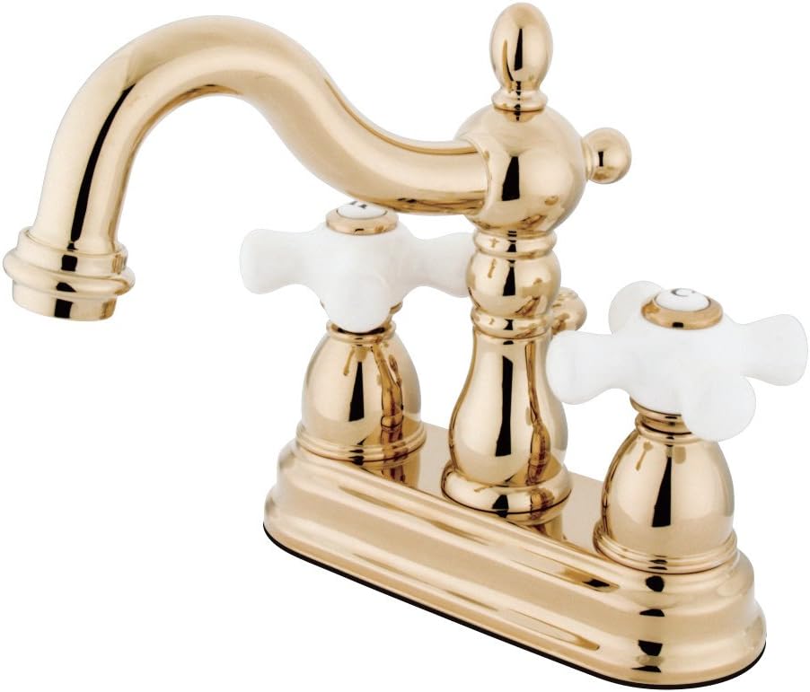 Elements of Design EB1602PX Centerset Lavatory Faucet with Porcelain Cross Handle, 4", Polished Brass