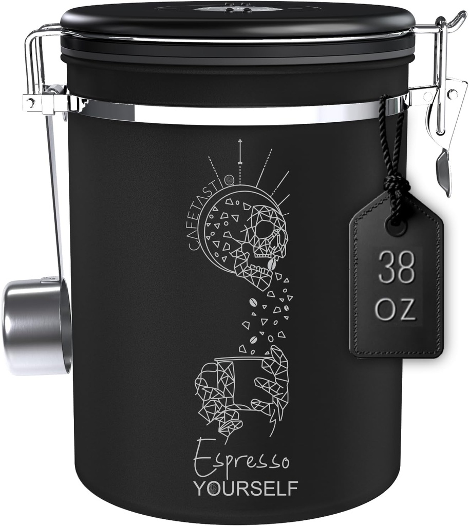 Large Coffee Canister – Airtight Stainless Steel Storage Container with Date Tracker & Scoop, Sealed Jar for Grounds, Beans, Tea, Flour, Cereal, and Sugar (Black Esspresso, 38OZ)