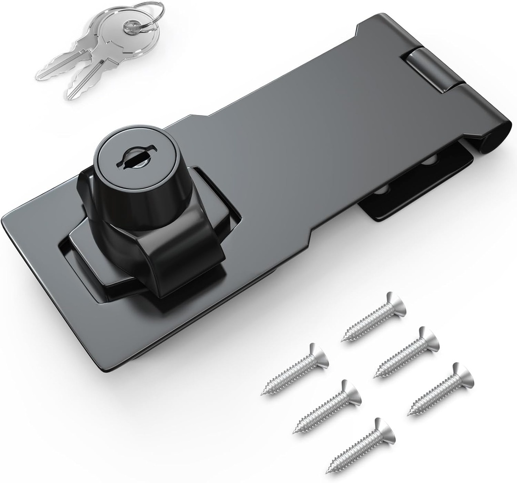 4 Inch Keyed Hasp Lock for Cabinets & Small Doors, Twist Knob Design, Heavy Duty Zinc Alloy with Chrome-Plated Iron, Includes Keys & Screws, Black