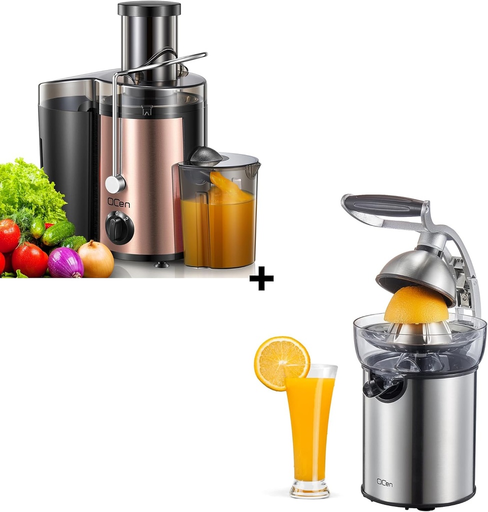 QCen 500W Juicer Machine Metallic Rose Gold and Electric Citrus Juicer Squeezer Bundle