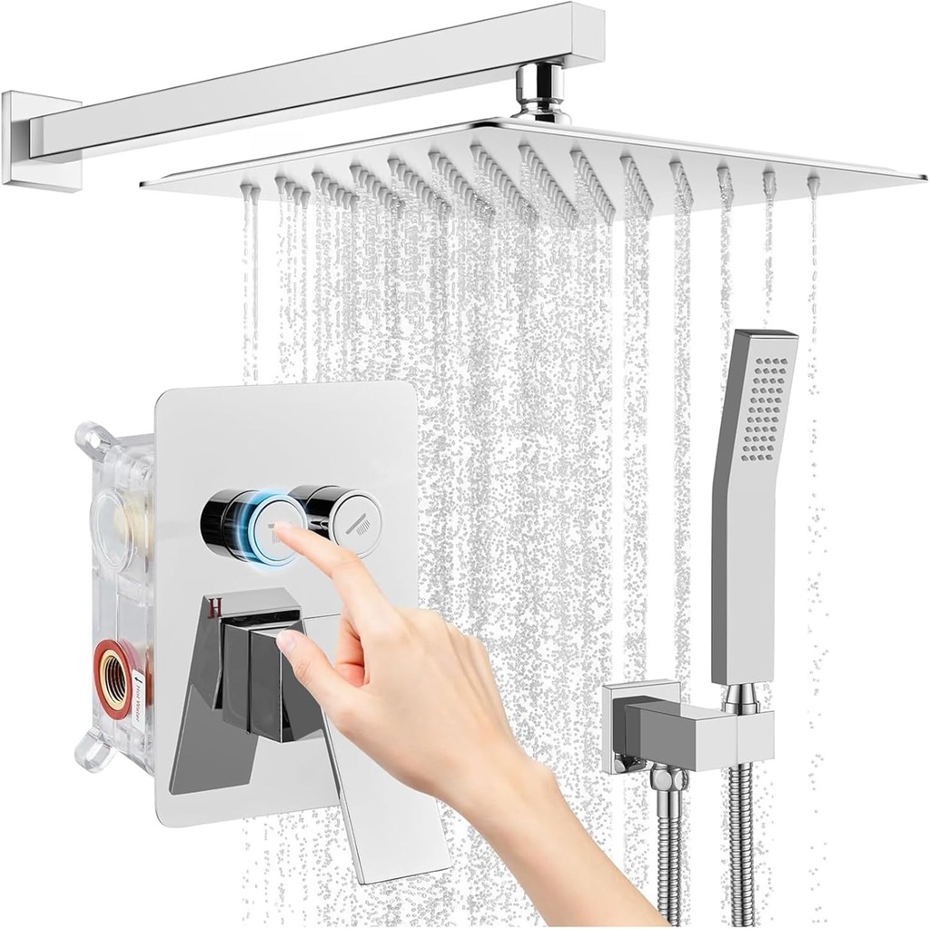 gotonovo Shower Faucet Set Push Button Diverter Rainfall Shower Head and Handheld Set Bathroom System Wall Mounted 12 Inch Showerhead Polished Chrome