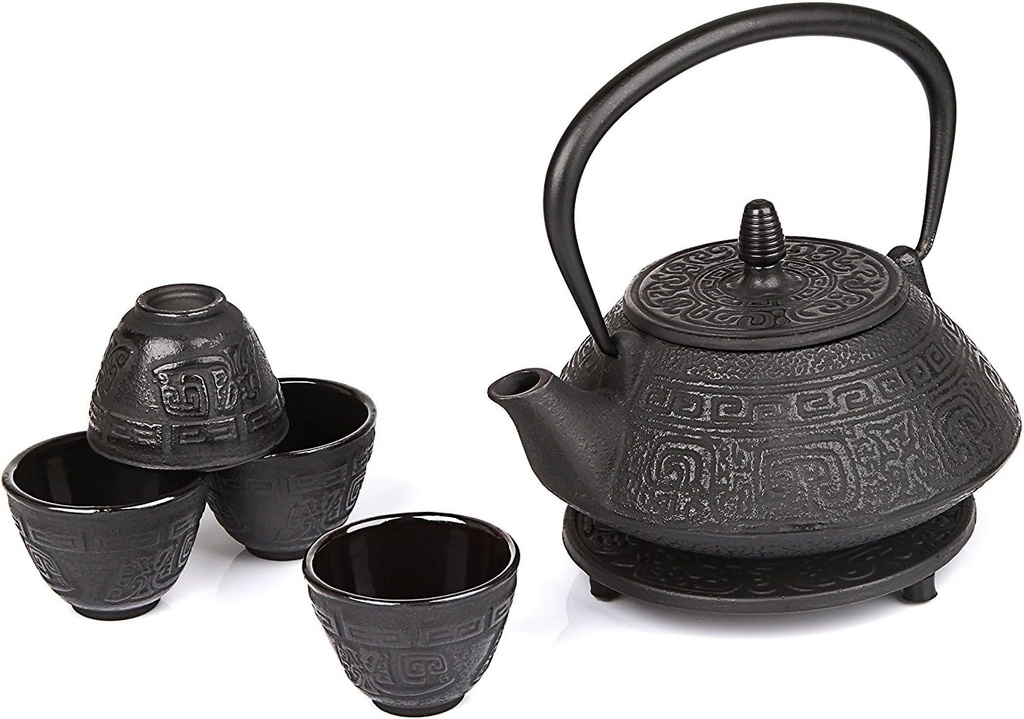 6 Piece Japanese Cast Iron Pot Tea Set Black w/Trivet (26 oz)