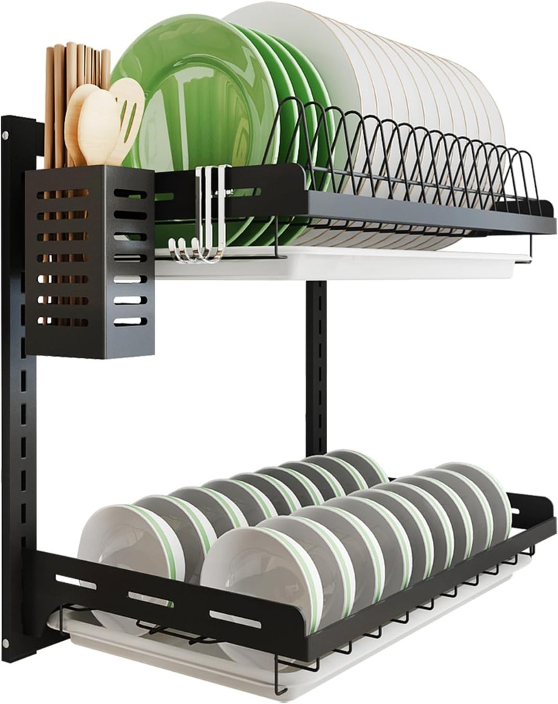 junyuan Kitchen Dish Rack,Hanging Dish Drying Rack Organizer Storage Shelf Over Sink,2 Tier Wall Mount Bowl Holder with Drain Tray and Silverware Stainless Steel Black Coating Ajustable Height