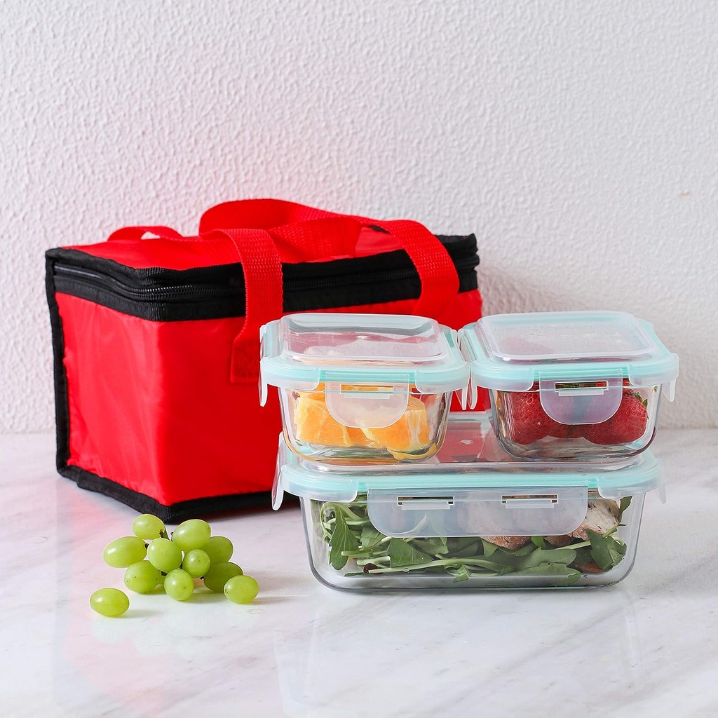 Glass Lunch Boxes/Food Storage Containers with Airtight Lids and Red Lunch Bag - Set of 3