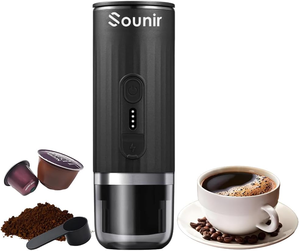 Portable Espresso Machine, Travel Coffee Maker for Camping, Outdoor, Office, Self Heating Type C Charger, NS Capsule & Ground Coffee, For Travel, Outdoor, Hiking, Office,(Dark Grey)