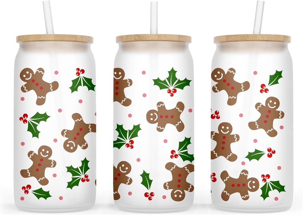 Gingerbread Christmas Glass - Frosted 16Oz Tumbler With Lid And Straw - Perfect Christmas Cup Gifts For Friends