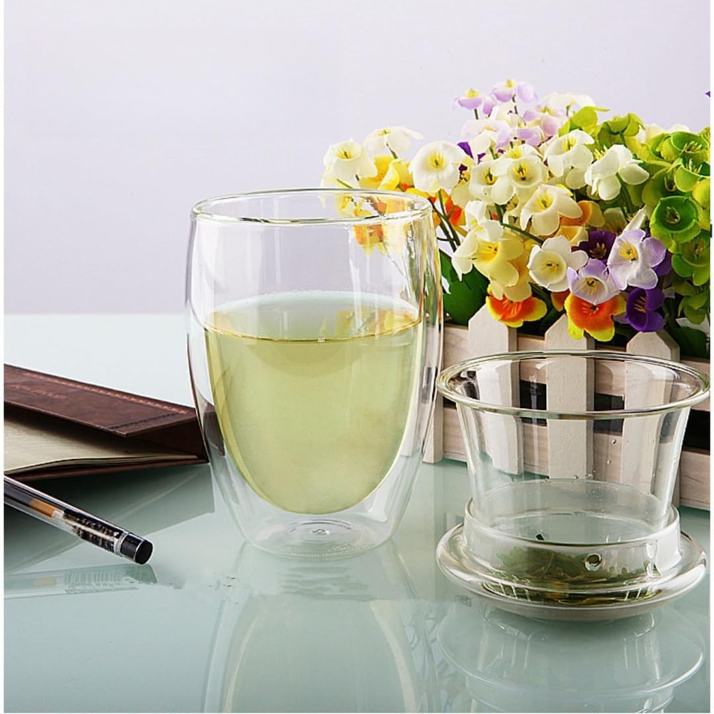 Double Wall Insulated Glass Tumbler, Glass Cups for Beer, Iced Tea, Tropical Drink, Cocktail, Smoothie, Set of 2