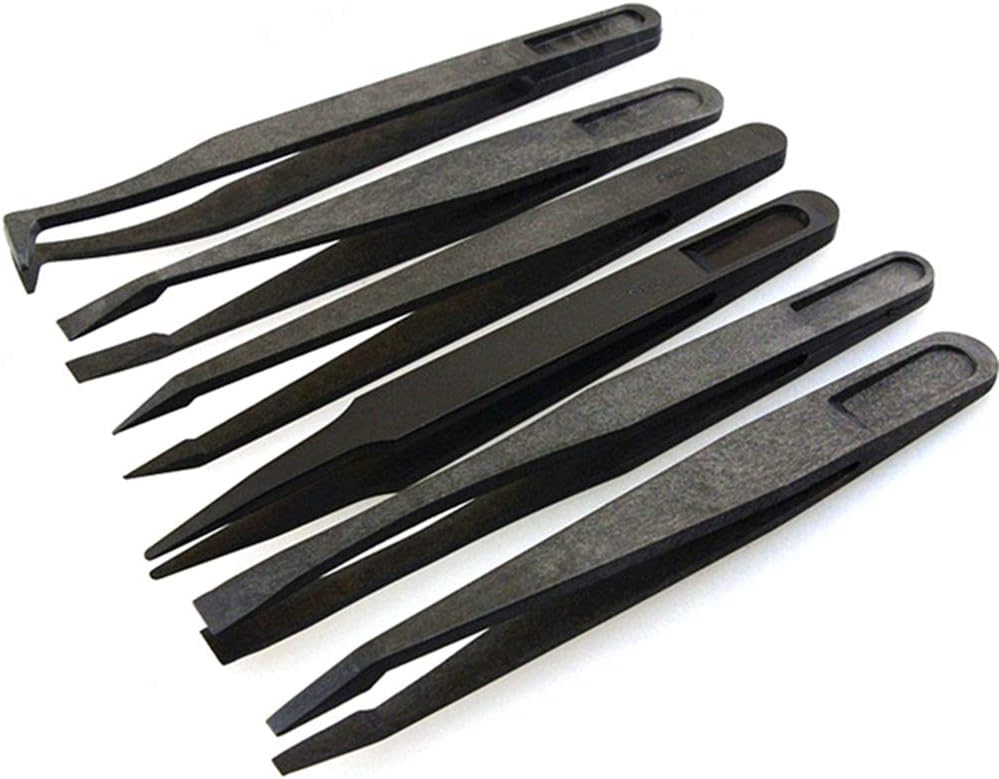 FEITA Precision Plastic Tweezers Kit - Plastic Anti static Tweezers Set Pickup Craft Electronics DIY Repair Tool - Black - 6Pcs